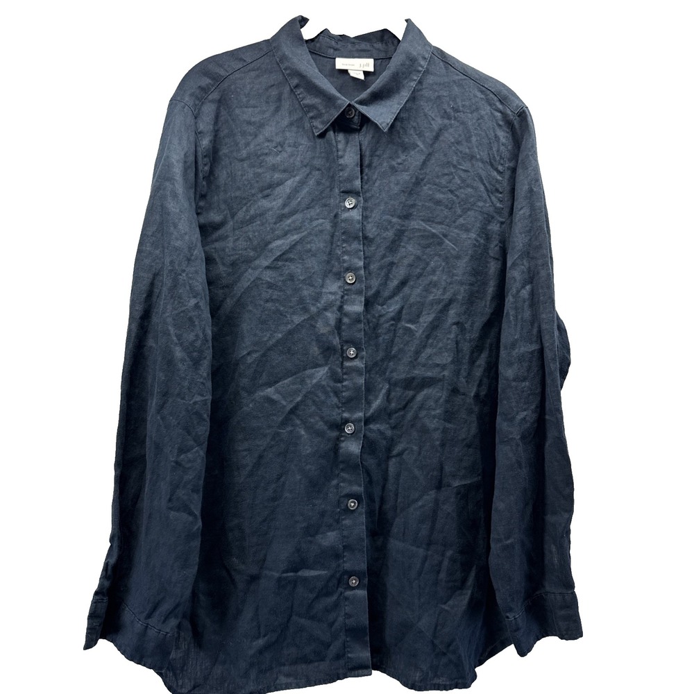 J Jill Love Linen Women's Top Size Medium Blue Button Up Long Sleeves Beachy
